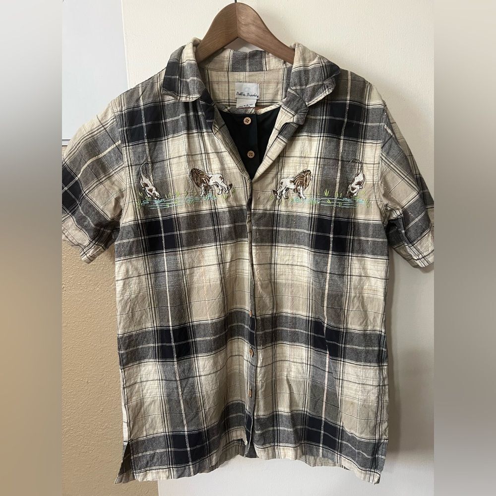 Bobbie Brooks Embroidered Lion Check Black/CreamShirt SzM |Vintage 90s Normcore